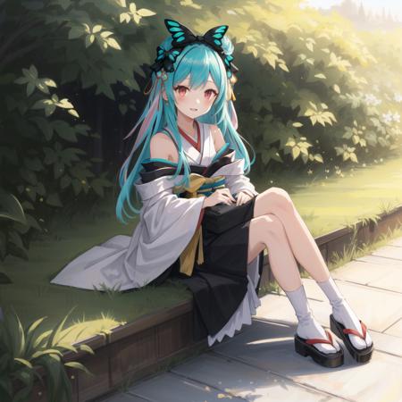 <lora:furisoderushialast:1>,  furisoderushia, gradient hair, multicolored hair,  aqua hair, pink hair, long hair, red eyes, two-tone hair, kimono, butterfly hair ornament, detached sleeves, obi, hair bow, off-shoulder,    full body, sitting, outdoor,