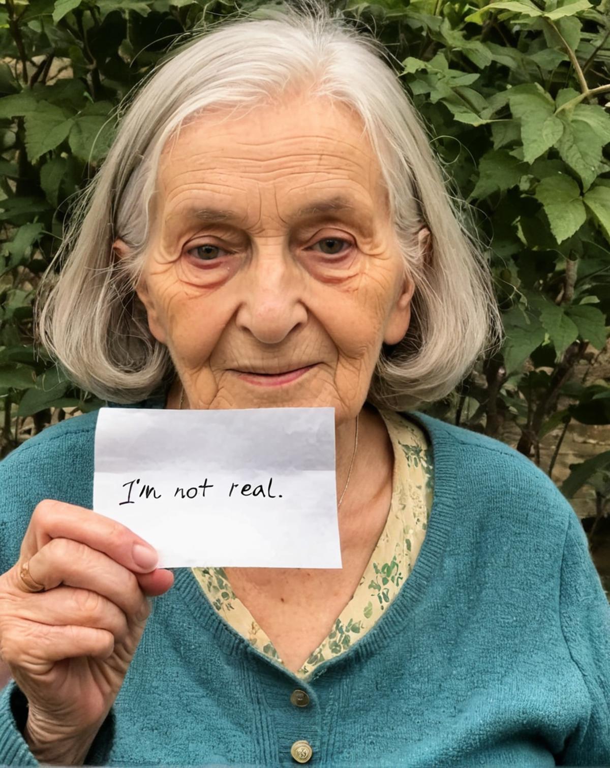 An elderly woman holding a piece of paper that says "I'm not real".