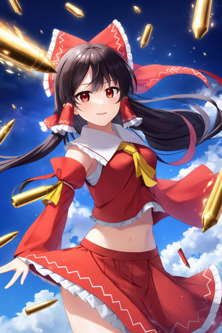 (masterpiece, best quality, highres, anime art style, pixiv), (1girl, solo, hakurei reimu, floating on air, shooting magical bullets, colorful), <lora:hakurei_reimu_xl-000050:0.7>