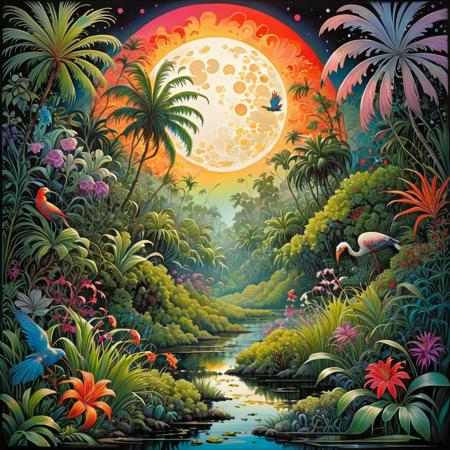 Zentangle extreme effect, landscape with Variegated splashes of color,
big full moon, thick jungle, violent vegetation of palm trees high grass flowers, birds, animals, active life, 
fantastical surrealism by Daniel Merriam, Joe Fenton,
ral-cnvctncrnts  <lora:ral-cnvctncrnts:0.25>, 
painted world <lora:Painted World:0.5>, 
fractalvines  <lora:Fractal_Vines:0.5>