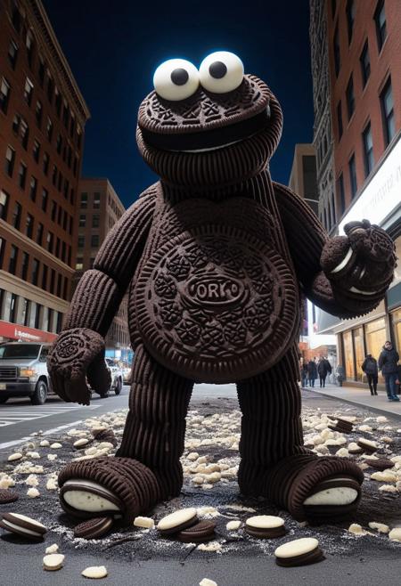 A gigantic Cookie Monster made of creamy cookies stomping through New York City at night, destruction, debris