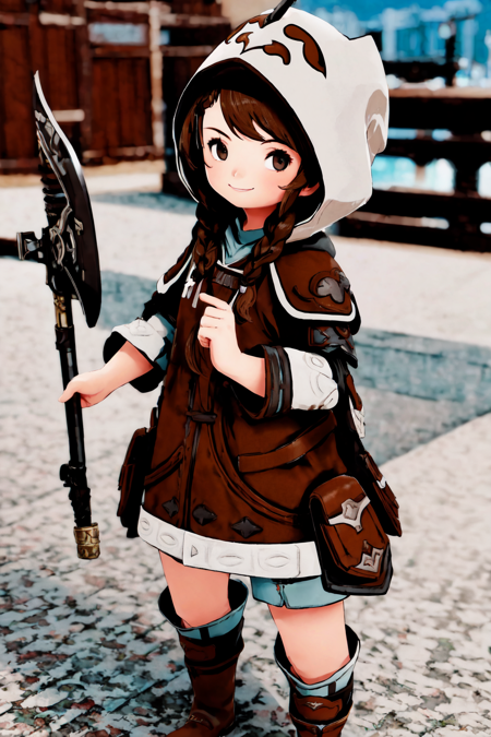 <lora:LalaTater_LoRa:0.75> 1girl, LalaTater, black eyes, blurry, blurry background, boots, braid, brown eyes, brown hair, full body, hood, hood up, looking at viewer, smile, standing, weapon