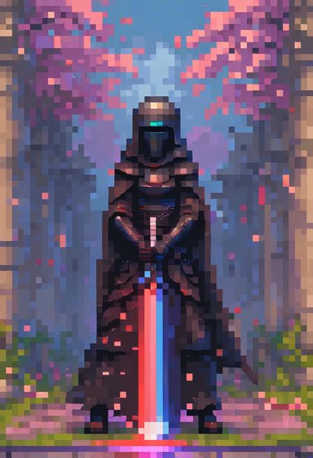(7-DarthRevan holding lightsaber), micro photography, standing, battle stance, sword,  detailed helmet, standing at a bridge, edo era castle in the background, cherry blossom 
pixel art, ArsMJStylePony, PIXEL Art, pixelated, fewP, 8bit