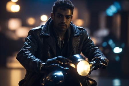 A brooding, enigmatic man known as AAnibal man, his presence casting an eerie shadow in the dimly lit dystopian city street at night. Bokeh lights dance around him, creating an ethereal and surreal atmosphere. This mesmerizing image, possibly a photograph, captures the raw essence of A Anibal as he leans gracefully on a cutting-edge concept motorbike. Every detail is flawlessly rendered, from the subtlest play of light on his sharply defined features to the intricate textures of his worn leather jacket and weathered motorcycle. The impeccable quality of this image immerses the viewer in a world where darkness and allure intertwine, inviting them to uncover the enigma that is A Anibal.