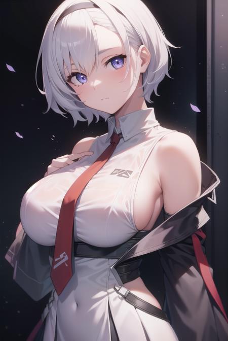 reno, (purple eyes:1.1), short hair, white hair, bare shoulders, belt, black belt, black dress, black hairband, detached sleeves, dress, hair ornament, hairband, necktie, pantyhose, pleated dress, sideboob, white hair, red necktie, choker,