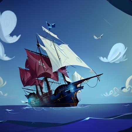 <lora:mi6:0.7> ship in the ocean with blue sails