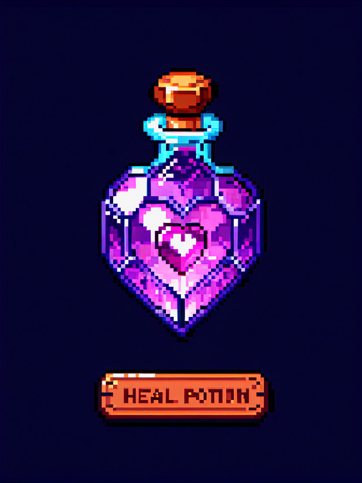 pixel art, heal potion, label with purple heart gem, simple black background, game icon