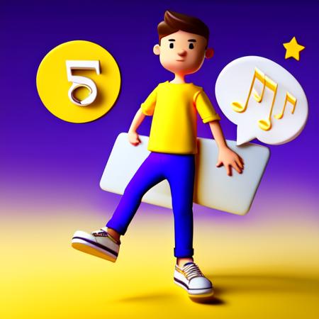 1boy, shoes, pants, yellow shirt, laptop, musical speech bubble, gradient background, sweater, gradient, yellow sweater, purple background, short hair, star (symbol) <lora:3dillu(1):1>