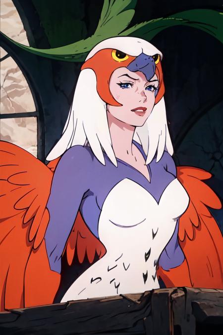 straight-on,pose,looking at viewer,solo, BREAK, 
CARTOON_Sorceress_heman_90s_ownwaifu, www.ownwaifu.com,
breasts, long hair, medium breasts, white hair, lips, makeup, lipstick, blue eyes, monster girl, nose, red lips, animification, 
wings, feathered wings, feathers, white hair, angel wings, white wings, harpy, leotard, winged arms, bird, bird wings, helmet, multiple wings, 
<lora:CARTOON_Sorceress_heman_90s_ownwaifu-15:0.9>, BREAK, official art, highres, scenery, (masterpiece:1.1), (best quality,:1.1), (high quality:1.1), (anime screencap:1.2),