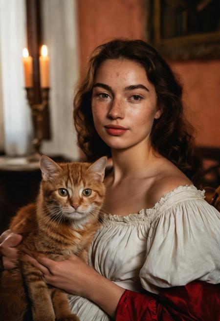 (((masterpiece, perfect Caravaggio's closeup portrait of a very beautiful girl, subtle smiling, with light skin imperfections and some freckles))). She's petting a cute red kitten on her laps. Inside an ancient noble Roman house of 1700 with rich furniture and curtains. Twilight warm and calm atmosphere. Precious warm colored fabrics for her elegant outfit.
Wide angle lens, ((low angle shot)), ((full figure shot)), perfectly detailed scene, extreme realism.
((Carachters illuminated only by warm soft candle light, dark shadows)), artistic framing, low saturation, low contrast, ((soft focus)).