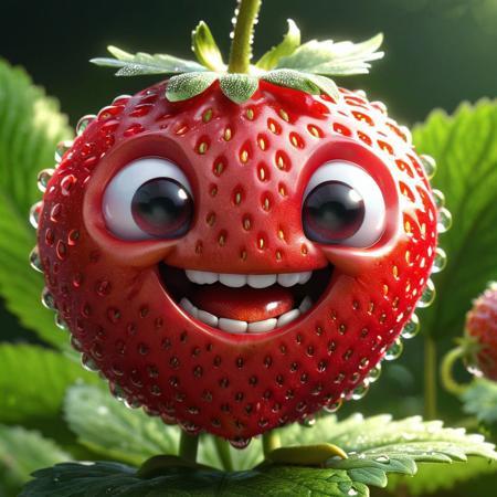 (masterpiece:1.3, concept art, best quality:1.21), very cute appealing (anthropomorphic strawberry:1.1), looking at the viewer, big grin, happy, fruit, berry, droplets, macro, sunlight, fantasy art, dynamic composition, dramatic lighting, epic realistic, award winning illustration
