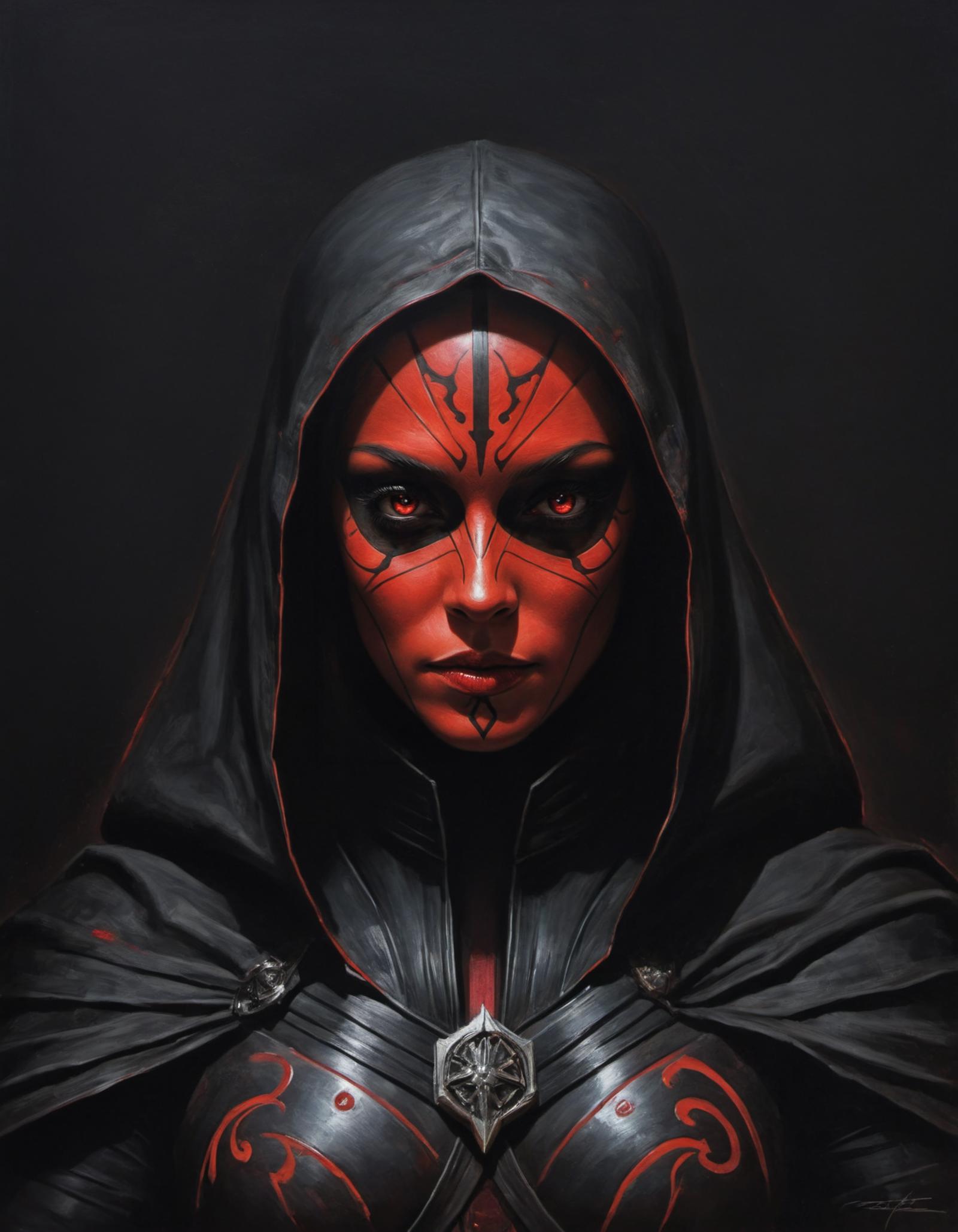 A portrait of a woman with red eyes and a black hooded costume.