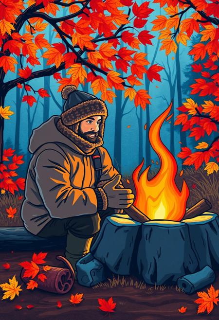 "Image of a serene campfire scene, surrounded by vibrant autumn trees with leaves in shades of orange, yellow, and red. A man dressed in warm winter survival gear, including a hat and gloves, is huddled next to the fire, warming his hands and face. The fire crackles and spits, casting a warm glow over the scene. The image is created with colored pencils, with bold lines and colorful shadings that bring the scene to life. The overall atmosphere is cozy and inviting, with a focus on capturing the warmth and comfort of the campfire on a chilly autumn evening. Style: whimsical, colorful, and inviting, with a focus on capturing the beauty of nature and the joy of simple pleasures." Highest-Quality, 4k