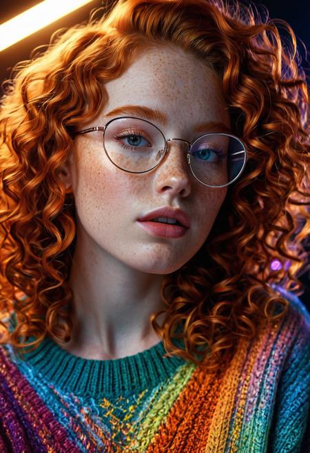 score_9, score_8_up, score_7_up, cinematic photo, close-up, 1girl, beautiful cute face, parted lips, curly ginger hair, natural eyebrows, pale skin, freckles,small wire rimmed glasses,colorful sweater, multicolored clothing, illuminated by cool lights,  soft glow, shimmer effect, sharp detail, fashion editorial, seductive gaze, high contrast, glowing atmosphere, dreamy lighting, atmospheric background, studio lighting, realistic face, photorealistic