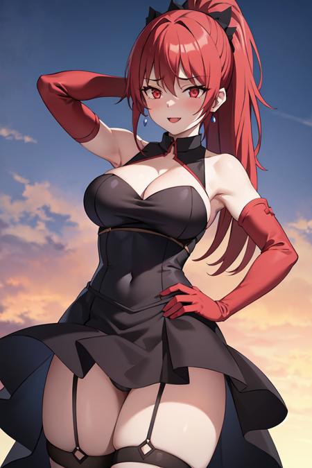 1girl, bangs, bare_shoulders, blue_sky, blush, breasts, cleavage, cloud, cloudy_sky, day, earrings, eyebrows_visible_through_hair, garter_straps, gloves, hand_on_hip, jewelry, large_breasts, long_hair, looking_at_viewer, open_mouth, outdoors, ponytail, red_eyes, red_gloves, red_hair, skirt, sky, solo, thighhighs
maya Ikusaba <lora:Maya IkusabaV3:0.7> ((best quality)), ((masterpiece)), (detailed), smile, (evil:1.2)
(interview:1.3), (dark background, fire:1.3)