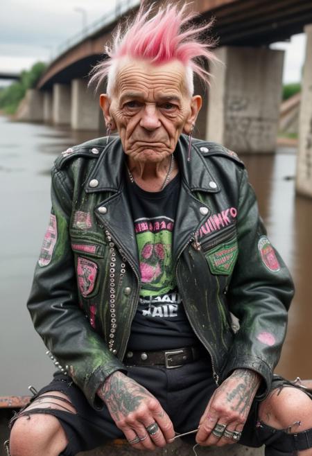 beautiful portrait  of a man 110 years old, full body view, punk style, 80s punk clothing,  wrinkled skin, green and pink hairline hair, wearing old black leather moto jacket with safety pins and badges, black torn tshirt, mean, threatening, holding a blunt, sitting on a rusty metal barrel, empty beer bottles around him, under an abandoned bridge, post-apocalyptic