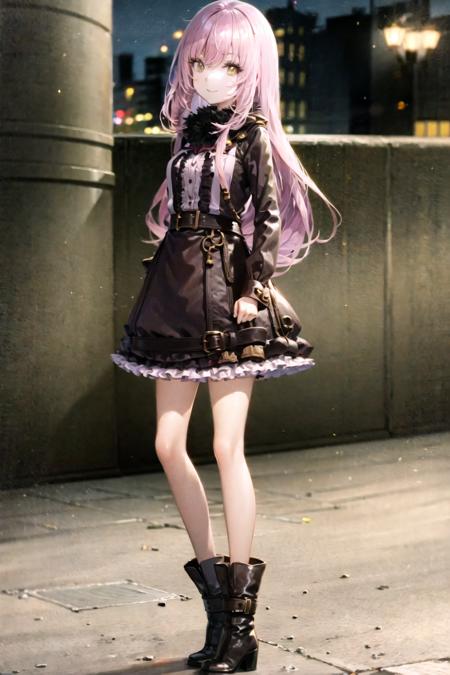 master, chief solo, 1girl, annette (boga), hair down, long hair, alternate costume, contemporary, jirai kei, frilled dress, frilled skirt, asymmetrical legwear, uneven legwear, black boots, smile, looking at viewer, standing, city, sidewalk, night, outdoors, full body, <lora:negative-e12-15:-1.5>