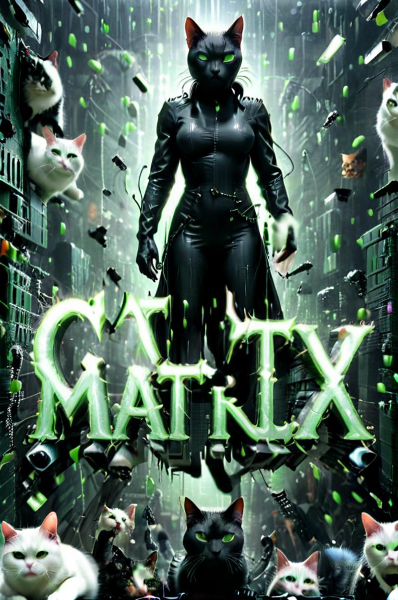 A woman in a black catsuit stands in front of a green background.
