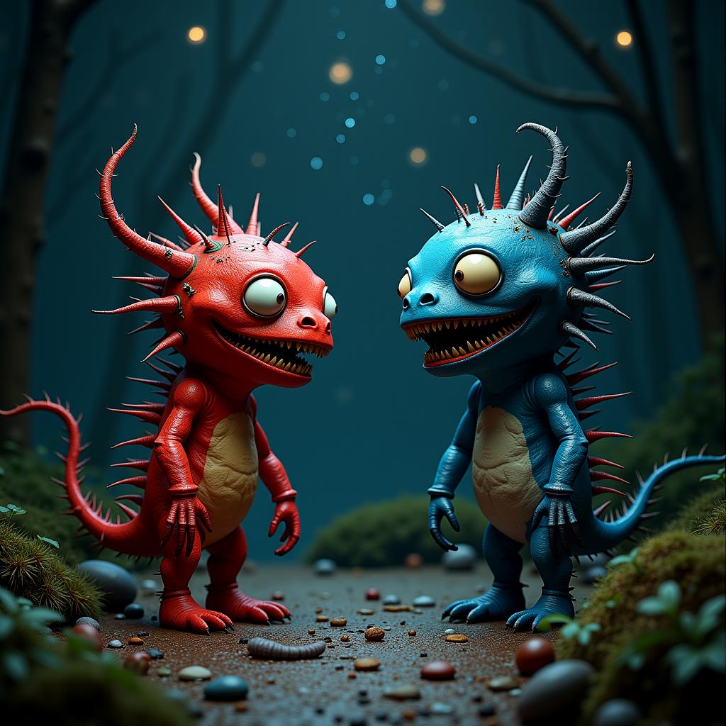 Red critter arguing with blue critter about the stars in the sky.

Dark, atmospheric, moody.

frghtnghtCE style