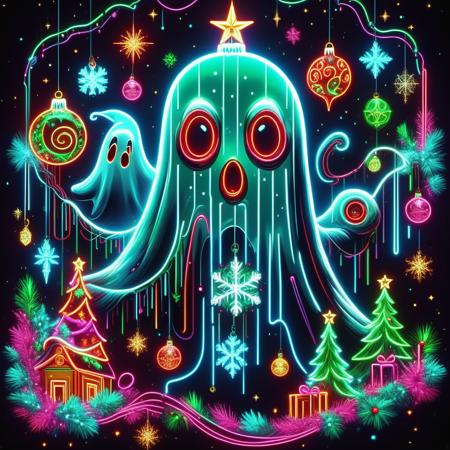 hyper detailed masterpiece, dynamic realistic digital art, awesome quality, DonMN30nChr1stGh0stsXL neon contemporary christmas art, ghost of christmas yet to come, , nostalgic and reminiscent,cozy and comforting, sputnik chandeliers,   <lora:DonMN30nChr1stGh0stsXL-000009:1>