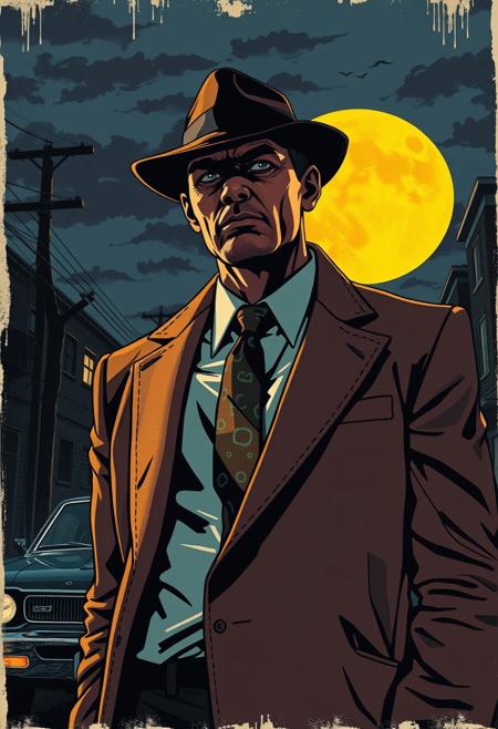 Retro diamond style, man in old school suit, upper body, true detective, detailed character, nigh sky, yellow moon silhouette, american diamond muscle car parked on dark street in background, complex background in style of Bill Sienkiewicz and Dave McKean and Carne Griffiths, extremely detailed, mysterious, grim, provocative, thrilling, dynamic, action-packed, fallout style, vintage, diamond theme, masterpiece, high contrast, stark. vivid colors, 16-bit, pixelated, textured, distressed