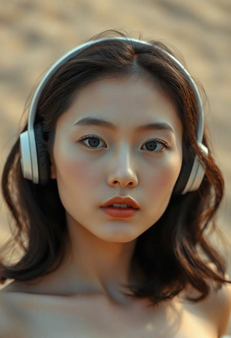 DSLR-style, glamorous and elegant 26-year-old Korean model, extremely milky white skin with porcelain glow, smooth and luminous, flawless soft matte finish with light reflecting quality, Korean idol skin tone, subtle gradient from center to jawline, extremely pale white skin, parted lips,
barely visible pores, uniform soft tone, studio-lit skin, full body, deep cleavage, extremely cleavage breasts.
A  captures a young individual with fair skin and subtle rosy cheeks, gazing directly at the viewer with a neutral yet engaging expression. Their dark, slightly wavy hair frames a face with delicate features, including a small, defined nose and full, natural lips. Soft, diffused lighting illuminates their face, highlighting the gentle curve of their jawline and the subtle texture of their skin. The individual has dark eyes with a hint of warmth in their tone. They are wearing headphones that rest over their ears,  The background is softly blurred, hinting at an outdoor setting with muted, earthy tones of beige and brown, possibly suggesting sand or a natural, sun-drenched environment. The overall mood is serene and contemplative, focusing on the subject's calm presence and direct gaze. The style evokes a feeling of natural beauty and quiet introspection. The lighting suggests either soft daylight or a carefully controlled studio setup mimicking natural light. The focus is sharp on the subject's face, with a shallow depth of field drawing attention to their features and expression.