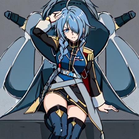 <lora:Chris_Crossange-10:1>Chris_Crossange, 1girl, solo, long hair,thighhighs, blue hair, braid, ahoge, boots, belt, black footwear, hair over one eye, uniform, grey eyes, military, single braid, military uniform, thigh boots, hair over shoulder