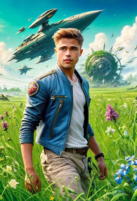 CoverArt, a beautiful gorgeous Young Brad Pitt as an RPG character, 
Break, 
as a background a huge spaceship (long abandoned) sunken into a rich green grassland, covered in plants, flowers, sharp focus, high detailed, realistic, day, colorful, blue sky, RPG Cover Art