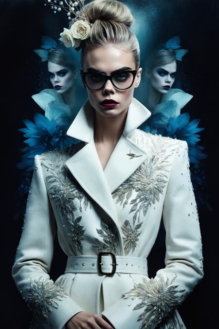 Cara Delevingne, masterpiece, professional artwork, intricate details, inspired by Jeremy Mann and Tom Bagshaw, glitch, double exposure, magical by Jordan Grimmer, fantastical, coat, Alexander McQueen, Dior