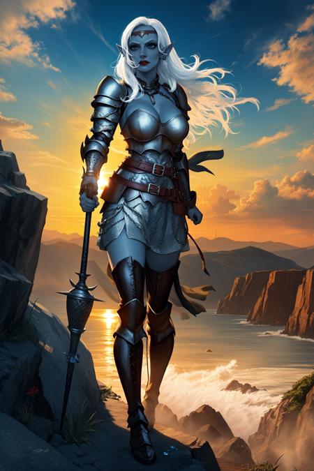 (high quality:1.1), cinematic lighting, extremely detailed,
Viconia, drow, elf, pointy ears, grey skin, blue skin, standing, own hands together, (hands on hilt:1.2),  (holding mace:1.1), planted,  full body,
calm, wind,
white hair, long hair, mole above mouth, lipstick, makeup, blue eyes, eyeshadow, diadem, earrings, jewelry,
dark plate armor, chainmail, breastplate, gauntlets,  belt, armored boots, thigh boots,
large breasts, cleavage,
on top of cliff, sunset, cold, sky, outdoors,
<lora:Viconia:0.9>