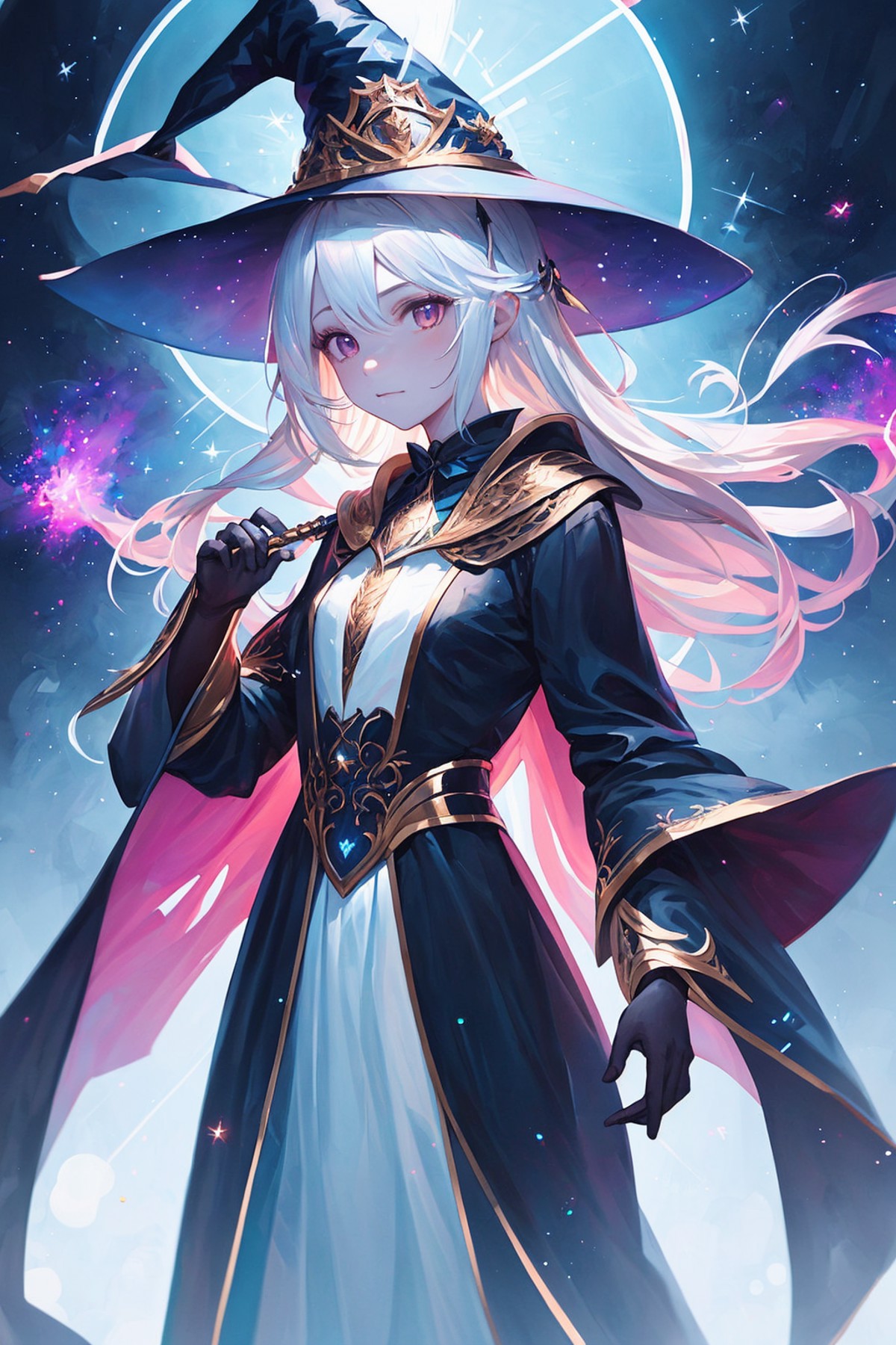 best quality (light colored detailed oil painting portrait:1.2) of (awesome beautiful witch girl casting magic power with ...