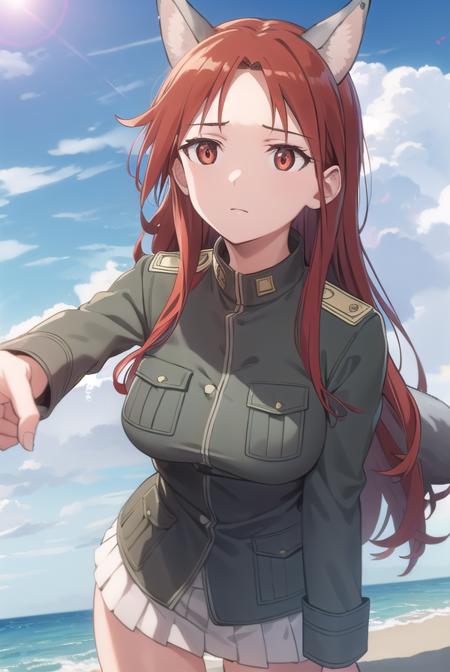 minna dietlinde wilcke, long hair, (red eyes:1.3), animal ears, red hair, wolf ears, wolf tail, wolf girl, uniform, military, military uniform,