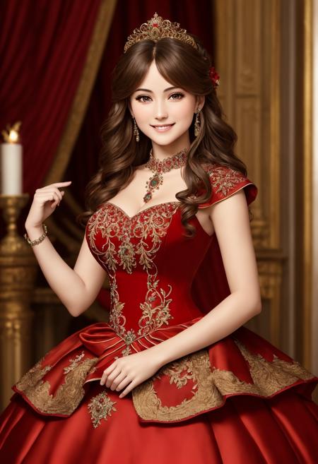 Masterpiece, absurdres, fine detail, HDR, highly detailed face and eyes, photorealistic, smiling, excited, ballgown, a woman in a red dress posing for a picture , wearing a ballgown, superb golden embroidery,<lora:ballgown:0.7>