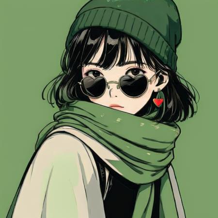 1girl, black hair, jewelry, beanie, earrings, scarf, solo, green background, hat, sunglasses, heart, green scarf, simple background, heart earrings, upper body, short hair, bangs, looking at viewer, black eyes<lora:Xian-Tæé¨ä¿®å¤loraï¼ä¸ç¨controlnetä¹ä¸åæäºï¼_v3.0:1>,<lora:FlattenV4.0:0.7>,