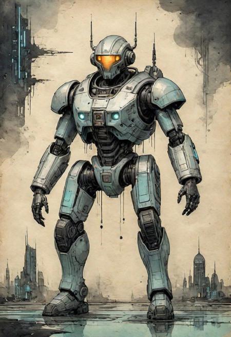 old book style ink illustration, on parchment, ink splashes, ink stains, ink smears, faded ink, (futuristic:1.5), distant future, giant robot protects city from alien invaders, gloomy tones,mentixis, linquivera