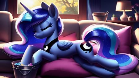 pony, (masterpiece), (raytracing), (cinematic lighting), ((inside)) triadic lighting, High Definition, light particles, (shading), filly princess luna lying (on back:1.3), (bucket:1.2) filled with candy, ((high detail)), wings closed, female, ((one horn)), perfect  anatomy:1.5,  ((fur body)), (((cute))), (((adorable))), ((smile)), (((living room))), 1girl, solo, by acstlu "eyes closed"<lora:luna_v2_a:0.8>, sleeping