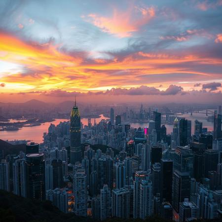 Breathtaking Hong Kong skyline at sunset captured from Victoria Peak as golden light bathes the dense forest of skyscrapers, harbor waters reflect the city lights, and the dramatic sky transitions from vibrant oranges to deep blues while day surrenders to the emerging glow of the metropolis below.