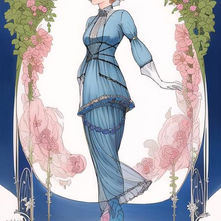 <lora:fashion (1):1> fashion plate, edwardian, 1914, 1910s, french, paris, 1girl, solo, walking, blue dress, art nouveau, flowers, white background, white gloves, long gloves, yellow hat, feathered hat, pink heels