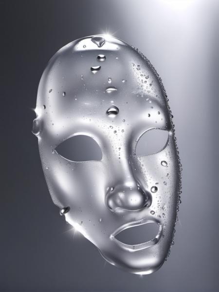 AI huazhuangpin, no humans, greyscale, ice cube, water drop, grey background, transparent, still life, a mask with water droplets on it is floating in the air on a gray background with a light shining through the mask