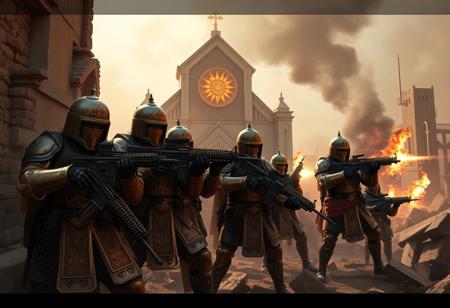 In the midst of a war-torn city, a squad of armored warriors stands firm, defending the Church of the Blazing Sun. Their armor, a blend of medieval craftsmanship and modern combat gear, shines with golden sun motifs, reflecting the divine light from the radiant church behind them. The warriors, armed with powerful rifles and machine guns, brace for the next wave of attackers.
Crouched behind crumbling walls and debris, they keep their guns trained on the advancing enemy forces. Some take position at the church’s shattered columns, machine guns resting on makeshift barricades. Their weapons, marked with the sun's insignia, emit bursts of gunfire as they fire with precision, keeping the enemy at bay.
The church looms large in the background, its blazing sun symbol glowing fiercely amidst the smoke and destruction. Flames flicker in the distance, casting long shadows over the warriors as they stand united, their devotion unwavering. With disciplined movements and sharp coordination, they prepare to defend the sacred ground from being overtaken.
As the battle rages, the warriors' rifles echo through the broken streets, a symbol of their enduring resolve to protect the Church of the Blazing Sun against the chaos surrounding them.