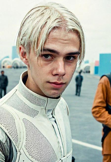 Portrait Photo a portrait, natural and hyperdetailed photography, young man, 
in anarchy future city in 2130s, white hair, looking straight to camera, sweaty, very accurate photo, suspiria, 2130s Clothes,dirty, (male focus:1), steampunk,apocaliptic state,sad, (laughing:1.2) (futuristic image:1.4), pale skin,(many details futuristic in clothes)