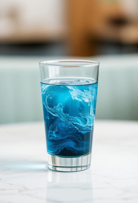 Depict a deeming ocean inside a glass of water on a table, shallow depth of field, realistic, photography, masterpiece.