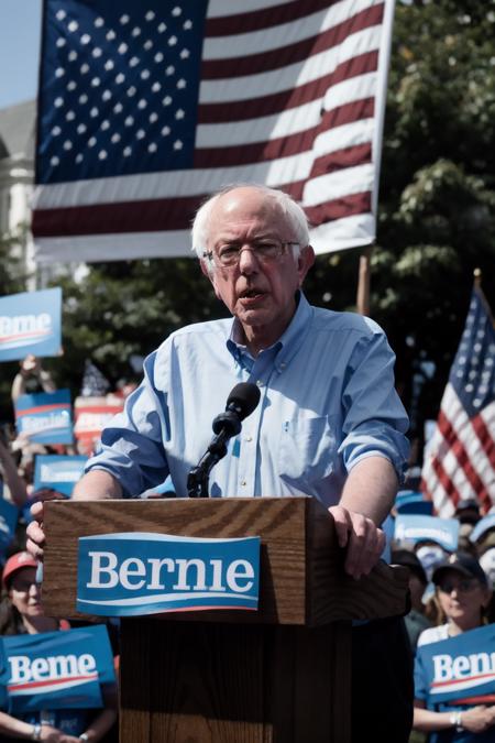 a photo of bernie sanders wearing a light blue collared shirt next to a podium with a sign that says "bernie" on front of the american flag at a rally with a crowd,dark brown eyes, outdoors, tree, building, (realistic,RAW photo, DSLR,detailed, natural light)