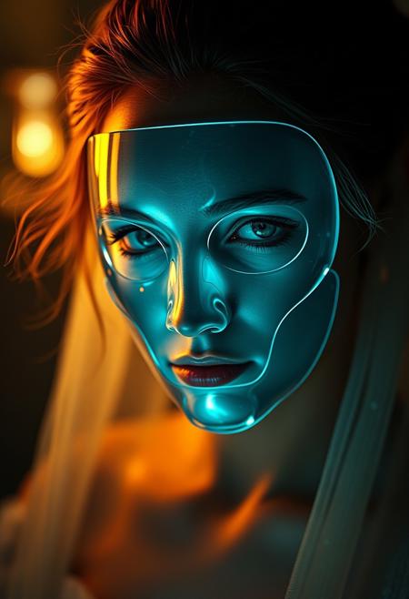 Surrealistic scene of woman with glass face shaped mask covering her entire face, magical, mystic, glowing, high quality, rich details, high sharpness, highly detailed, High Definition, Realistic, 8k, Sharp Focus, intricate details, dynamic angle, warm hues, realistic, photorealism, hd, 8k, high definition, score_9, score_8_up, score_7_up, score_6_up