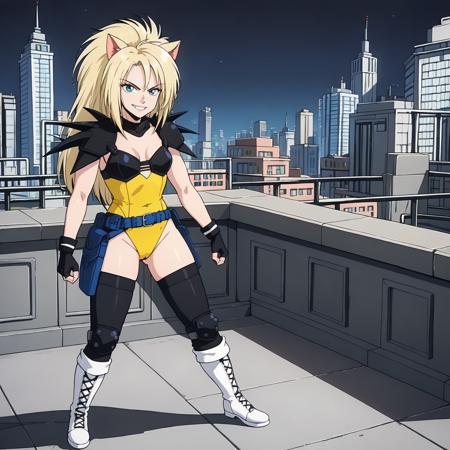 PumaSisters,1girl,blonde hair,longhair,cat ears,blue eyes, yellow leotard,black armor,cleavage,shoulder armor,black chest armor, fingerless gloves, belt,pouch, black thighhighs, knee pads, white boots, orange leotard swimsuit,slingshot swimsuit, nurse_cap,blue dress,long_dress,short_sleeves,white_pantyhose,