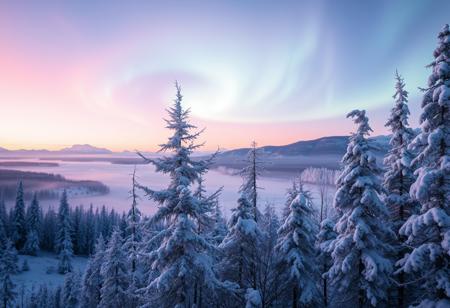 Artistic photograph, arctic landscape at dusk, aurora borealis swirling above, pastel colors of pink, blue, and green, snow-covered trees in the foreground, frozen river in the background, misty atmosphere, soft focus, warm lighting, DSLR, high resolution, detailed textures, intricate details, cinematic look.