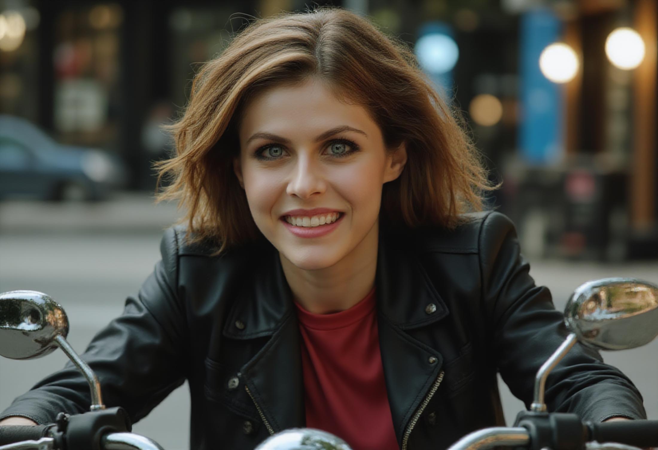 focus is on the woman, closeup headshot of 80 year old woman with a super smile, red cheeks, leather jacket, riding a harley davidson chopper, through the streets of los angles at night, blue jeans