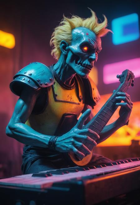 retro cyberpunk, studio photograph, Iphone X, Sony A9 II, F/8, Canon eos 5d mark 4, triadic colors, dslr, Motion blur, Nikon Z9, Injured Paradoxical Draugr, Playing a musical instrument, Sunlight, 50mm, 1980s inspired, synthwave, neon, vibrant, detailed, retro futurism