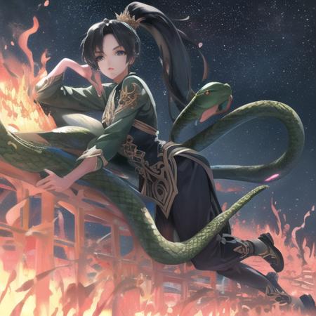 <lora:xiaoqing.v01:0.82>,1girl,best quality,(flowing  Ponytail), best quality, ultra high res,(Messy  Plush black hair),  eye shadow,(detailed eyes:1.2),(detailed background:1.2),(illustration:1.1),(ink splashing),{{Lots of bamboo leaf}},beautiful detailed deep eyes, beautiful detailed sky, beautifuldetailed water, cinematic lighting, dramatic angle, (very long sleeves), frills,((starry sky)), star river,array stars, Holy, noble,intricate light, dynamic hair, dynamic fuzziness, beautiful and aesthetic, intricate light, manga and anime,extremely detailed CG unity 8k wallpaper,full body,(green snake)