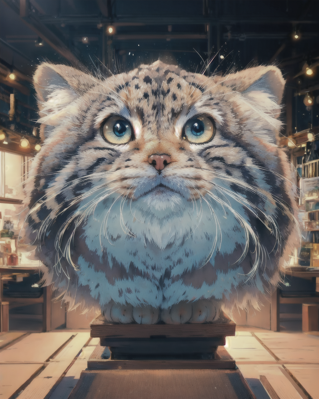 Create a 1.4 times larger-than-life tusun, showcasing its best quality features such as a big head, fluffy fur, and beauti...